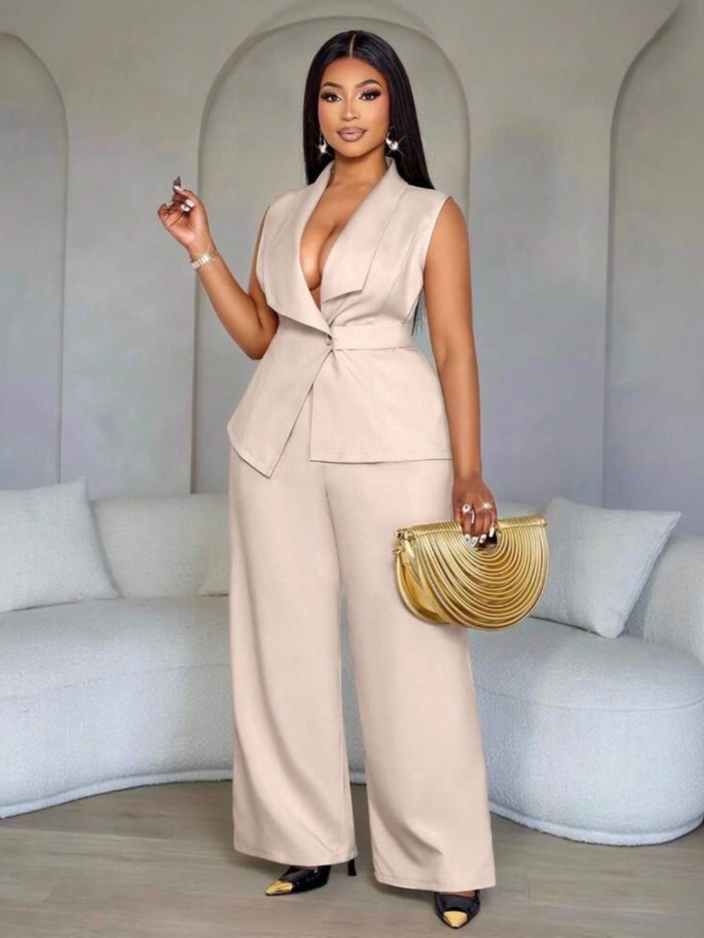 Ensemble blazer sans manches et pantalon large femme grande taille